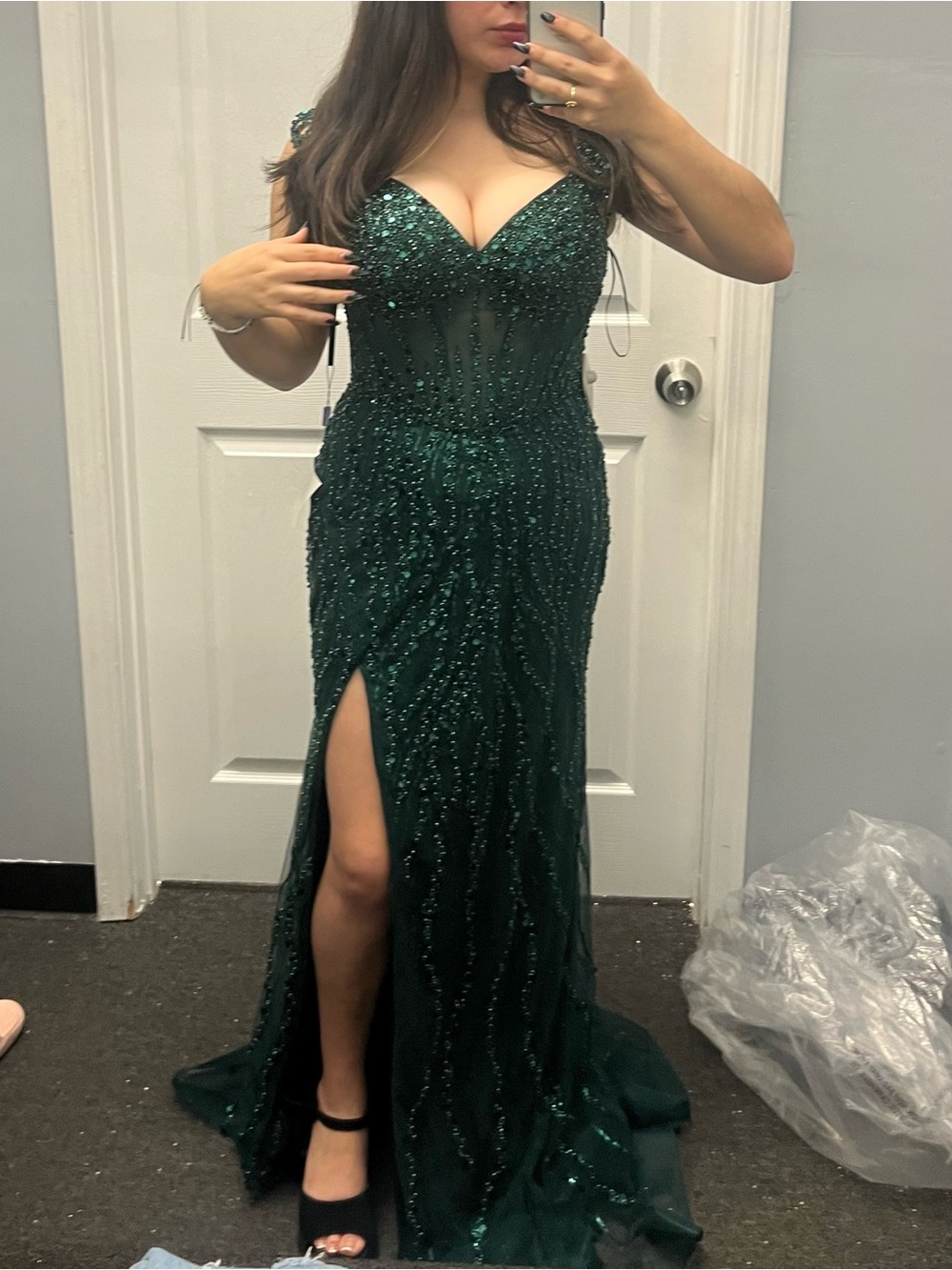 Deep Green Beaded Prom Gown with Front Slit